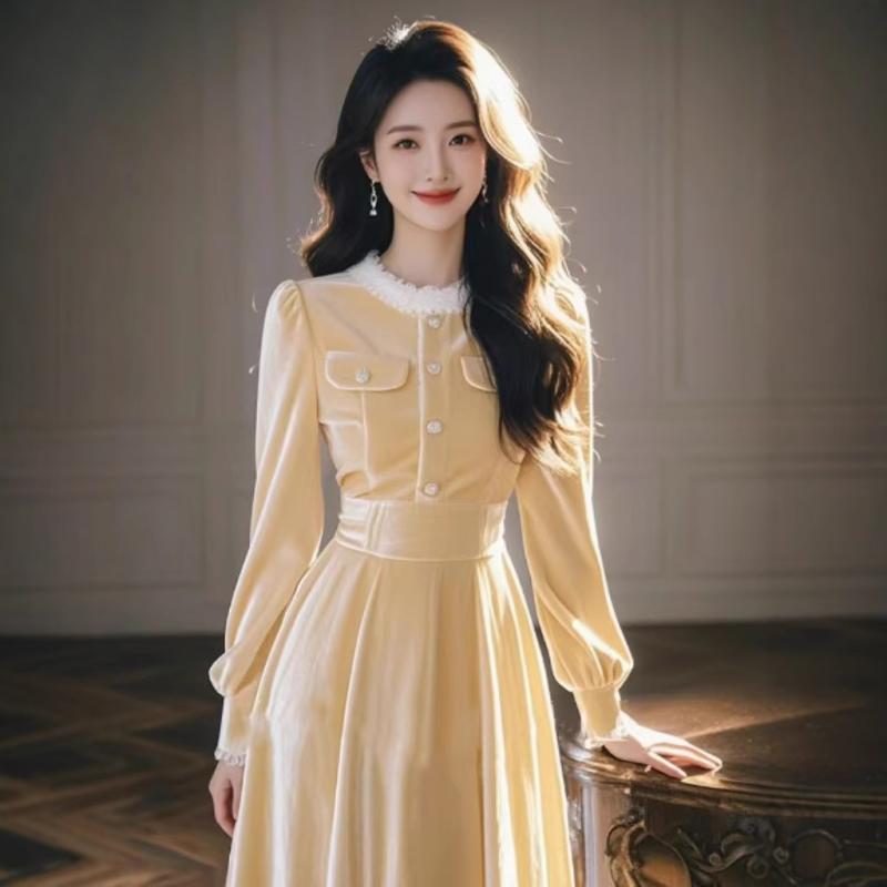 ワンピース レディース Aライン 膝丈 丈 ミモレ丈 ポリエステル 高腰 きれいめ かわいい 韓国風 エレガント 通勤 オフィス 普段使い 長袖 無地 ・垢黄色