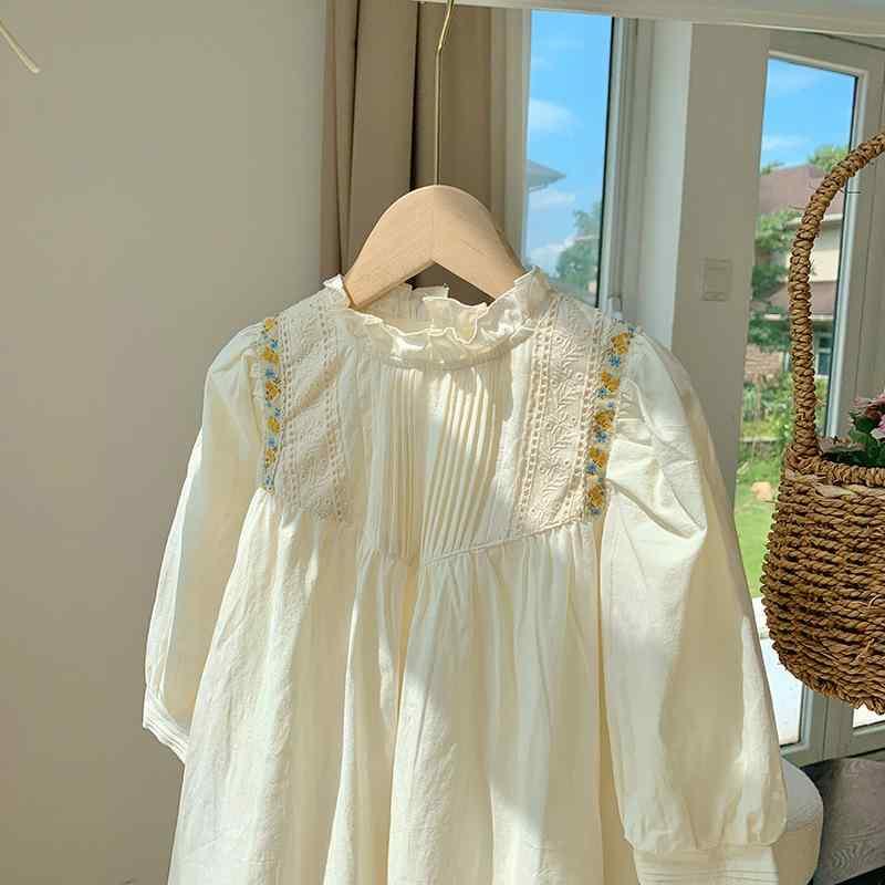 女児 ワンピース プリーツ スタンドカラー 刺繍 甘め 韓国風 秋 レース プリンセス 綿 100% 長袖 Aライン 柔らかい 杏色 3-8歳 中小児 通学 普段使い かわいい スタイル