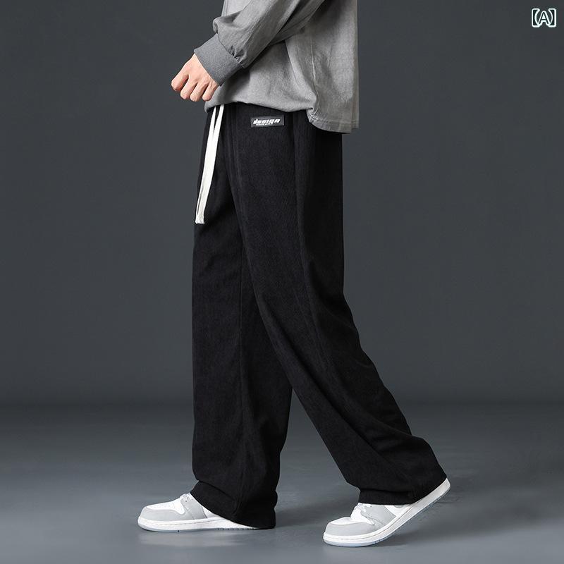メンズ コーデュロイ パンツ ゆったり ストレート レッグ カジュアル スポーツ ウェア ズボン 黒 深灰色 ベージュ