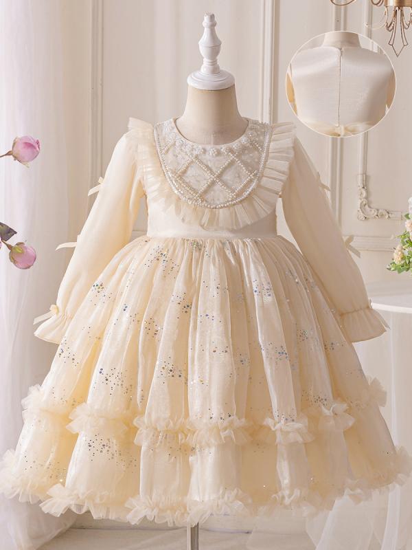 ワンピース 女の子 子供 チュールスカート 長袖 Aライン 結婚式 プリンセス シャンパンカラー かわいい フォーマル 発表会 演奏会 8歳以上 140cm以上 コットン ポリエステル