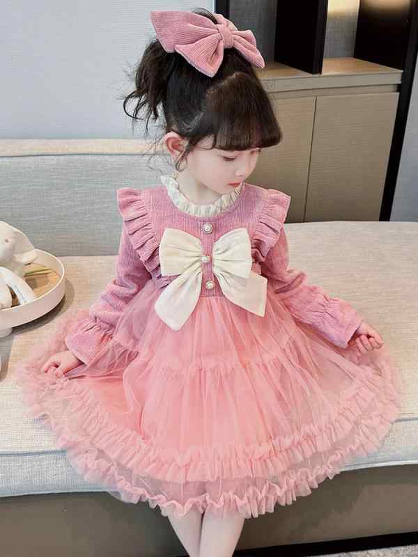 ワンピース キッズ 女の子 春秋 長袖 蝶結び チュール Aライン 子供服 チュニック かわいい おしゃれ コットン ピンク系 ワインレッド 90cm 100cm 110cm 120cm 130cm 140cm