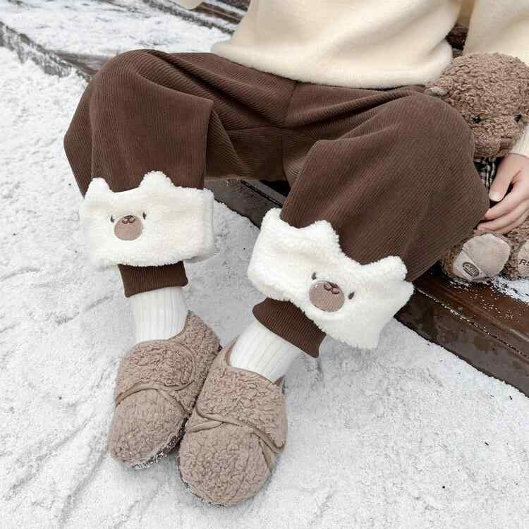 子供服 スウェットパンツ 女の子 秋 冬 裏起毛 厚手 女児 かわいい 小熊 耳付き パンツ 裾絞り ズボン 綿 あったか 普段着 通園 通学 黒 コーヒー色