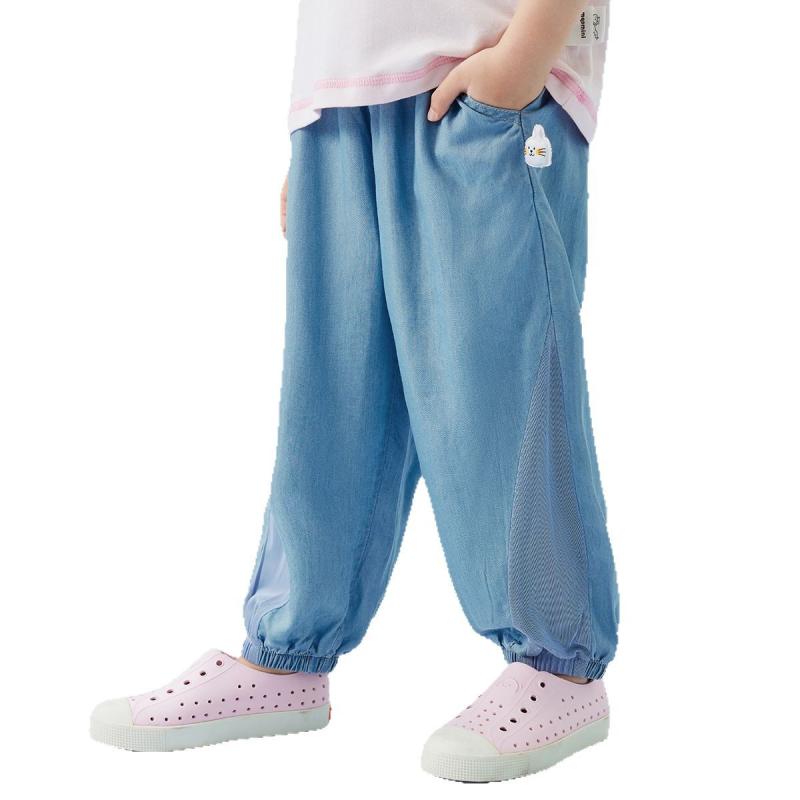 キッズ 女の子 パンツ デニム ショートパンツ メッシュ 切り替え ライトブルー ダークブルー 涼しい 快適 カジュアル 春夏