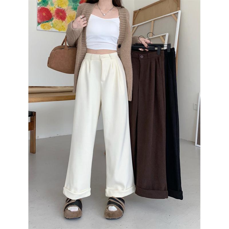 パンツ レディース 秋冬 高腰 コーデュロイ ワイドレッグパンツ ストレート ミルキーホワイト コーヒー色 ブラック S M L XL カジュアル 通勤
