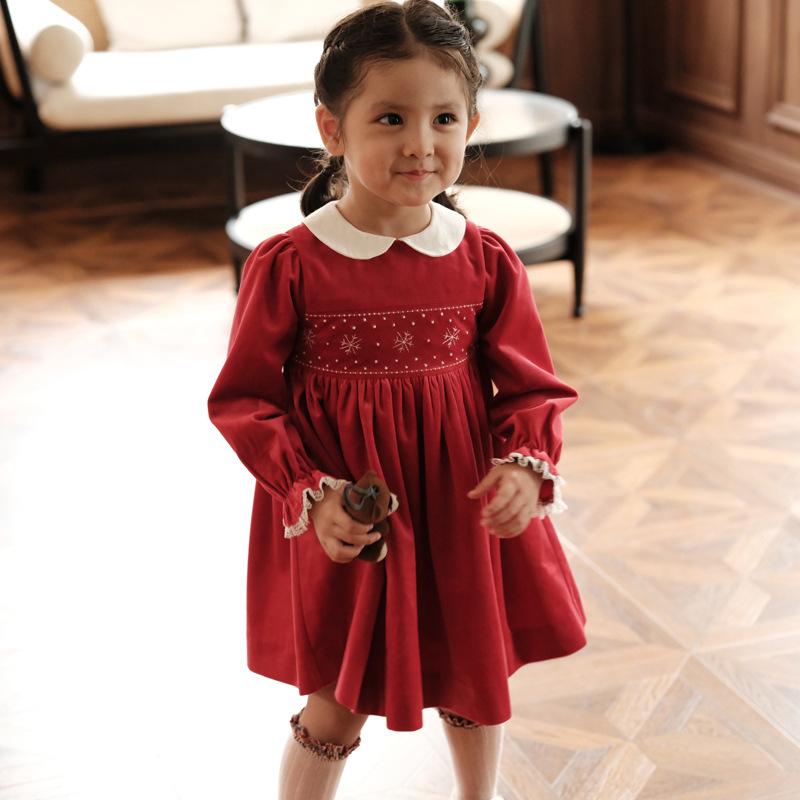 ワンピース 子供服 クリスマス ベルベット プリンセスドレス 長袖 ロング丈 秋冬 新年 Aライン 花柄 チュール 発表会 結婚式 80cm 90cm 100cm 110cm 120cm 130cm 140cm