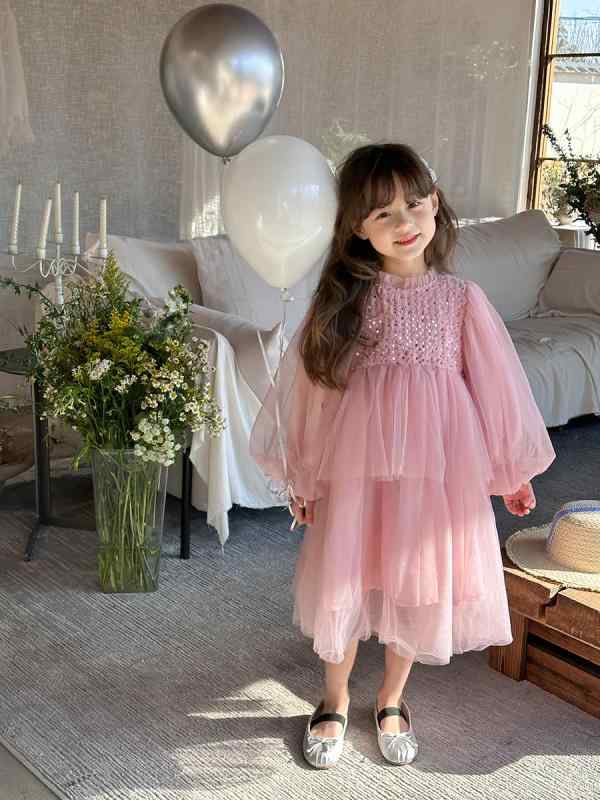 子供服 ワンピース 長袖 スパンコール チュールスカート ドレス 女の子 かわいい プリンセス 春 中小 子供 ピンク パーティー イベント 発表会 演奏会