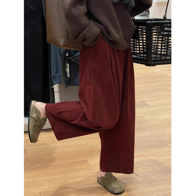 パンツ レディース コーデュロイ ワイドレッグ カジュアルパンツ 秋冬 高身長 小柄 高腰 ゆったり ストレート 美脚 着痩せ S M L XL 2XL 3XL 4XL レッド ブラック ブラウン