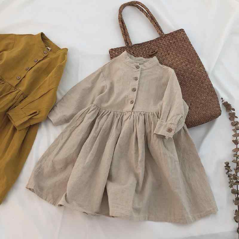 ワンピース 子供服 長袖 春物 スカート 女の子 中学生 小学生 無地 チュニック Aライン フレア おしゃれ かわいい ナチュラル 麻 綿 イエロー 110cm 120cm 130cm 140cm 150cm 160cm