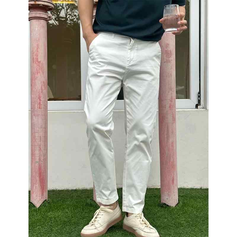 パンツ メンズ 男性用 韓国風 スリムフィット ホワイト ストレート 9分丈 テーパードパンツ スラックス ボトムス 高級感 伸縮性 薄手 春夏 米白色 黒 カーキ 浅灰色 深灰色
