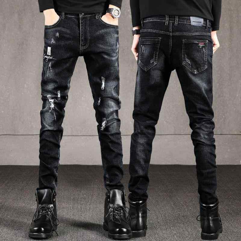 デニムパンツ 男性用 破れ加工 ストレッチ ジーンズ スリムフィット 9分丈 黒 ブラック ジーパン 春夏 水洗い 中厚手