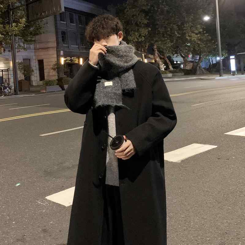 厚地の外套 メンズ 秋冬 羊毛 ロング丈 韓国風 シングル前胸部 無地 アウター 立襟 黒 薄墨色 赤銅色 ゆったり 成人男性用 普段使い走り 心地好い