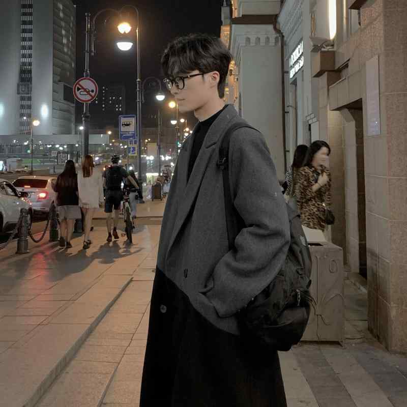 コート メンズ 秋冬 ウール ロング丈 厚手 オーバーサイズ 男性用 トレンチコート 韓国風 スーツ襟 ポリエステル ブラック グレー｜イーマイショップ