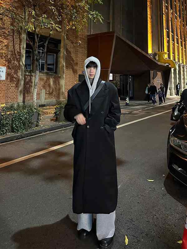 厚地の外套 メンズ 成人男性用 羊毛 ロング丈 秋冬 朦々たる ゆったり 厚地の外套大きさ 膝丈 スポーツジャケット ロング厚地の外套 韓国風 無地 アウター 黒 黒いこと