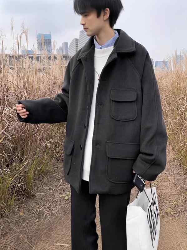 コート メンズ 男性用 秋冬物 厚手 ウール 混紡 ゆったり 韓国 ファッション カジュアル 黒 ブラック グレー