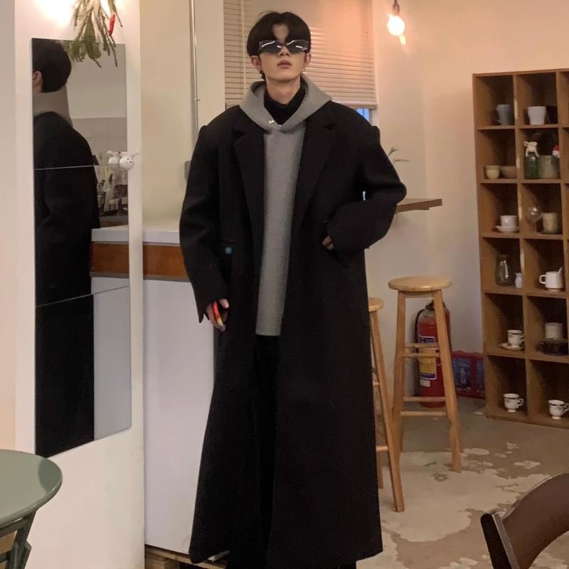 コート メンズ 秋冬 韓国風 オーバーサイズ 膝丈 ポリエステル ベルベット 無地 ブラック｜イーマイショップ