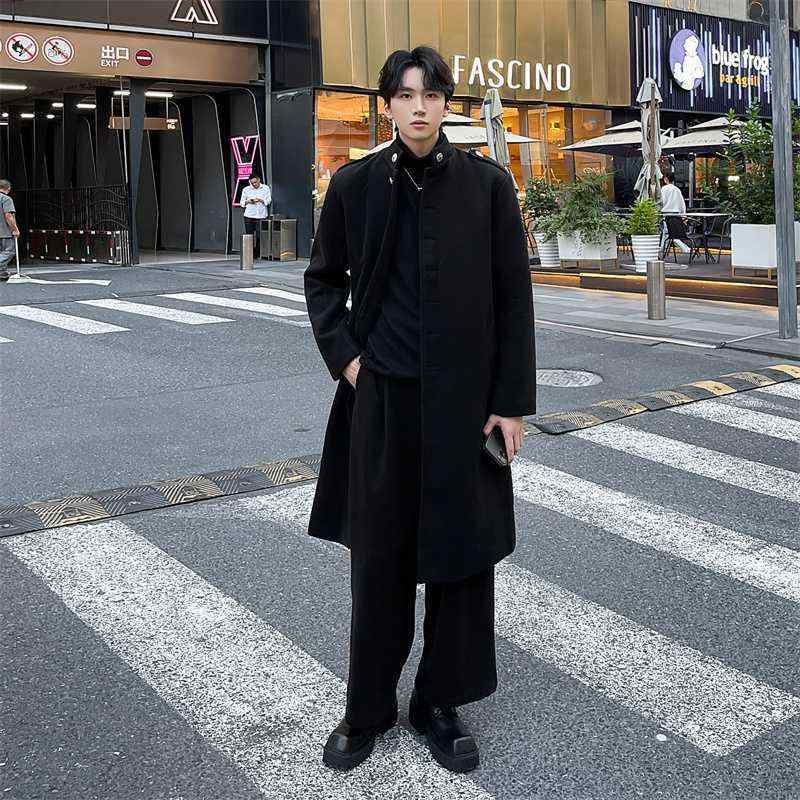 コート メンズ 男性用 秋冬 立襟 ウール ロング丈 厚手 アウター ビジネス カジュアル 黒