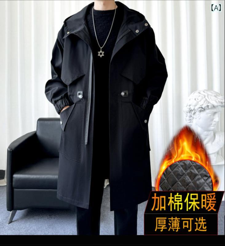 厚地の外套 メンズ 成人男性用 ボンネット付き添い人 防寒着 秋冬 韓国風 心地好い ゆったり 厚地の外套大きさ 朦々たる 生あたたかい ポリエステル 黒いこと 黒 緑であること 緑 M L XL 2XL 3XL