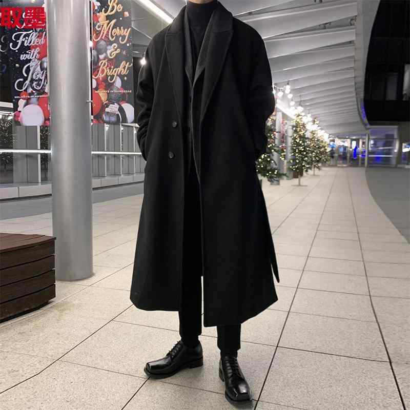 厚地の外套 メンズ 秋冬 羊毛 ロング丈 韓国風 ゆったり 朦々たる ラグラン捩り 無地 黒いこと カーキ 通い