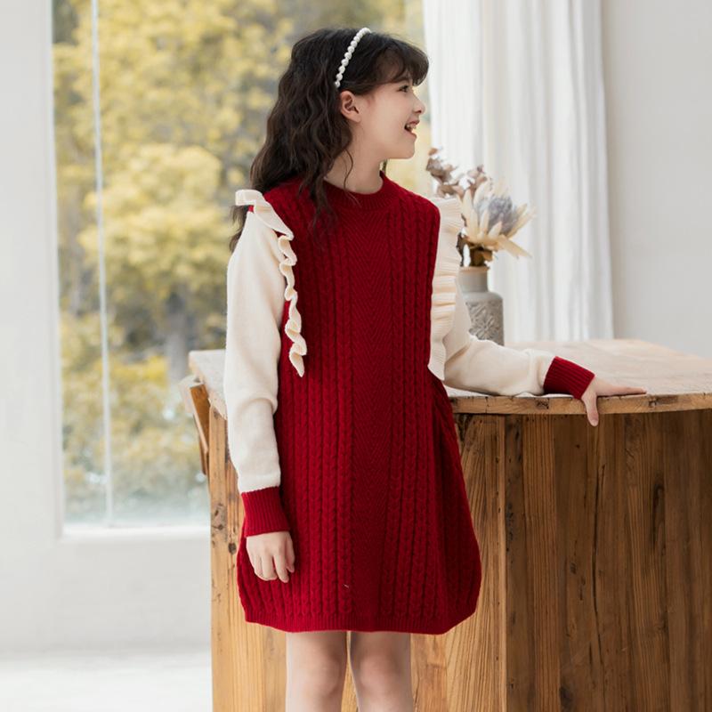ワンピース キッズ 女の子 ニットワンピース 秋冬 子供服 ミディアム丈 プリンセス風 チュールスカート Aライン 長袖 発表会 普段着 ポリエステル