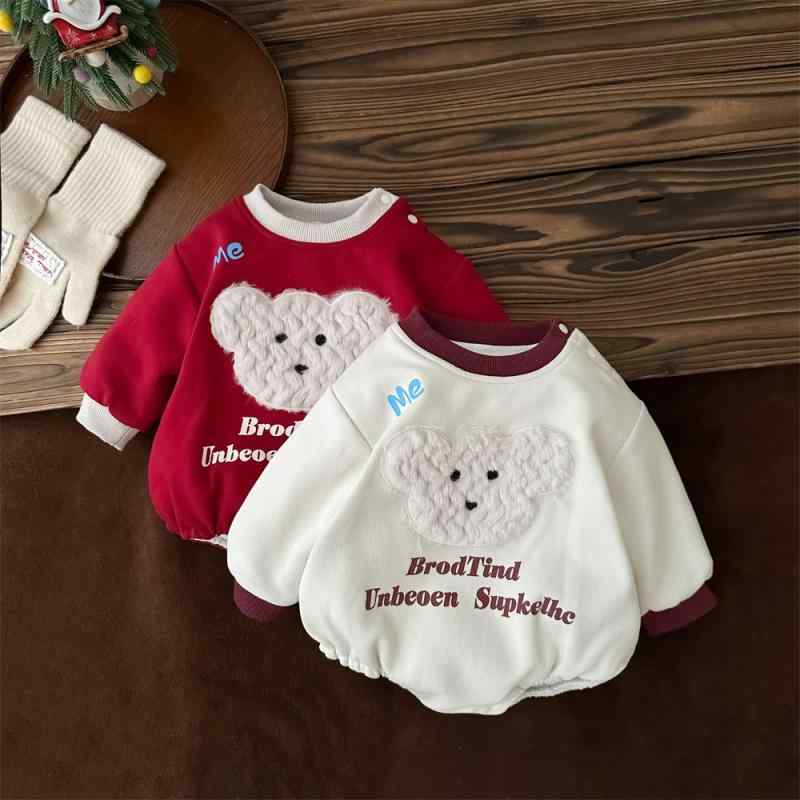 ベビー服 秋冬 長袖ロンパース カバーオール ジャンプスーツ くま アニマル あったか 裏起毛 レッド グレー ベージュ 新生児 乳幼児 男の子