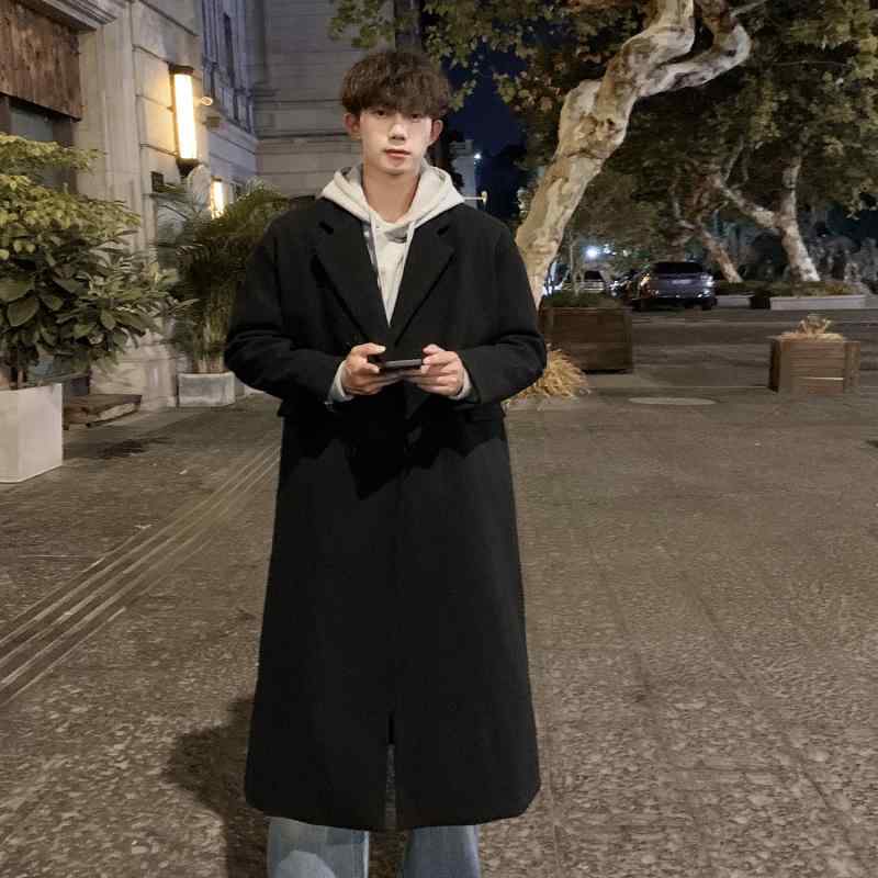 コート メンズ 男性用 ウール ロング丈 オーバーサイズ ゆったり テーラード 韓国風 秋冬 厚手 無地 防寒 灰色 黒 カーキ色 コーヒー色｜イーマイショップ
