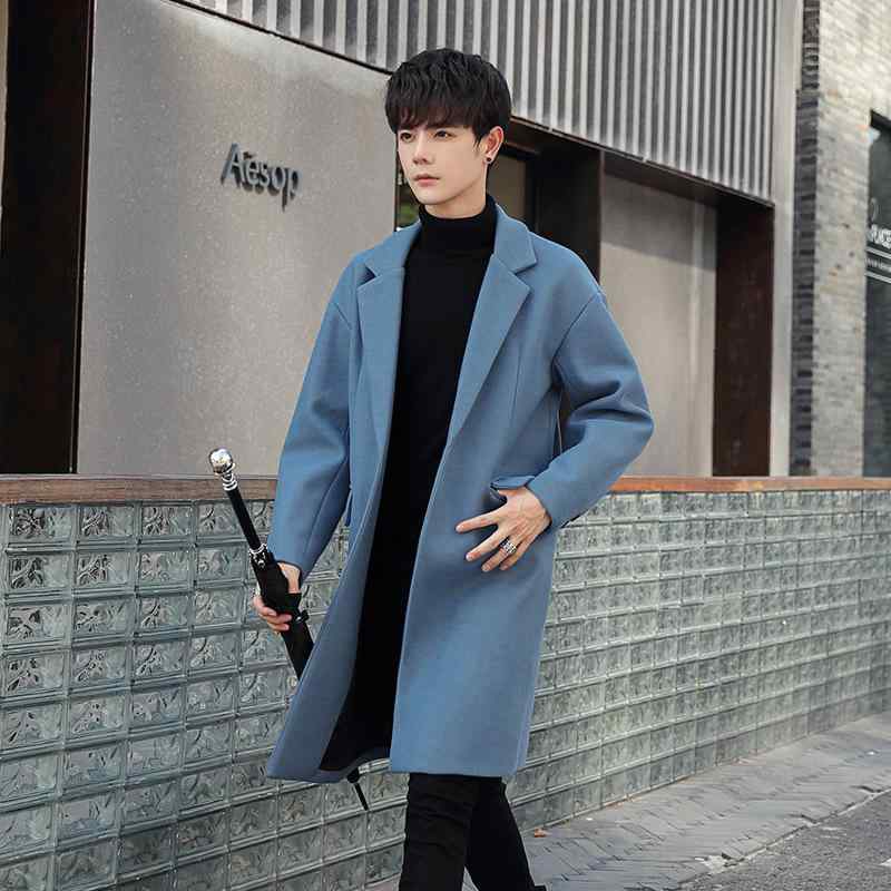 厚地の外套 成人男性用 絨毛 真っただ中丈 韓国風 か細い 無地 アウター 秋冬 黒いこと 青色 ベージュ コート・ジャケット-メンズファッション