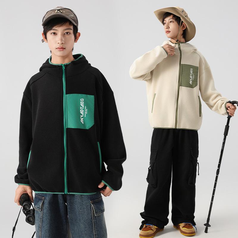 子供服 アウター 男の子 フリース ジャケット パーカー 中学生 高校生 ゆったり 両面フリース 防寒着 ポリエステル ブラック ベージュ 150 160 170 180 秋冬