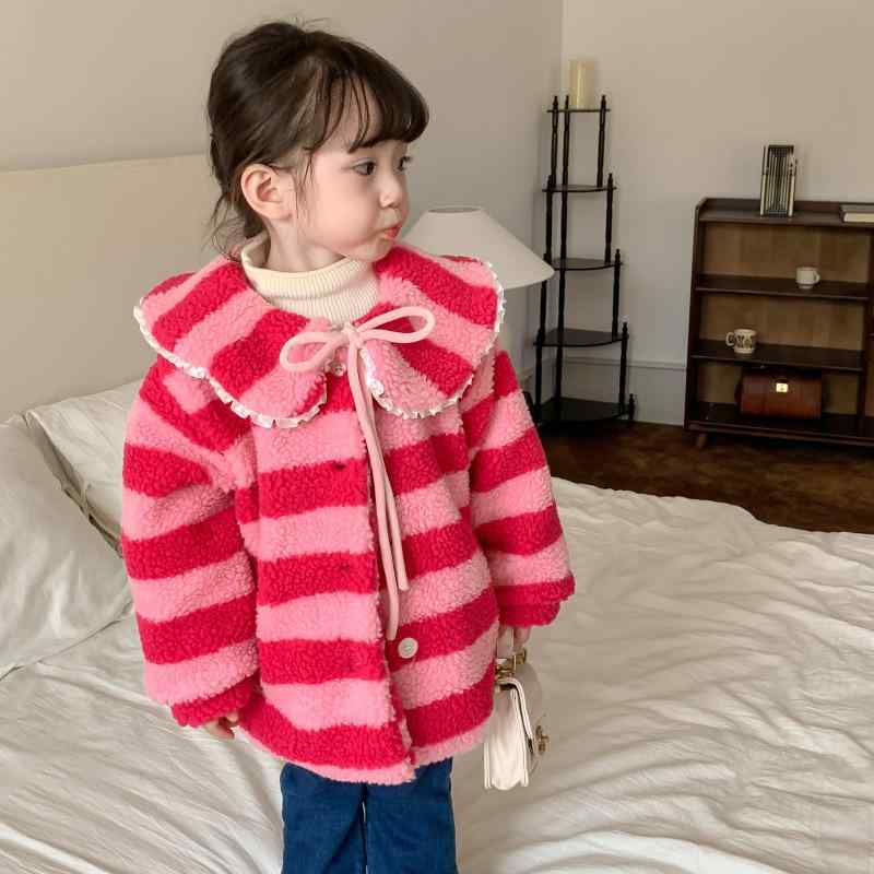 子供服 女の子 アウター ボアジャケット キッズ 秋冬 かわいい ドール襟 ストライプ柄 裏起毛 暖かい 防寒 上着 ガールズ 普段使い お出かけ着
