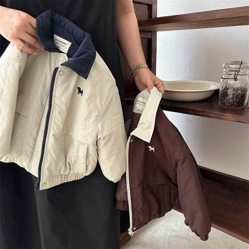子供服 ジャケット 男女兼用 ブルゾン 秋冬 パステルカラー 小犬柄 野球服風 ジャンパー アウター かわいい 暖かい 綿 厚手 裏地付き 保温 防寒 90 100 110 120 130 140