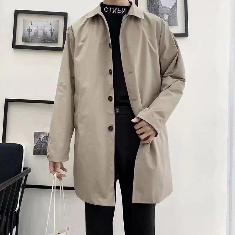 大衣 メンズ 男性用 翻襟 ウィンドブレーカー ミドル丈 ルーズフィット カジュアル 韓国風 無地 アウター ブラック カーキ
