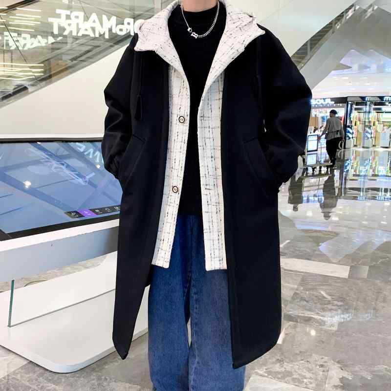 コート メンズ 男性用 ロング丈 中綿入り 秋冬 韓国風 フード付き ゆったり アウター 暖かい ポリエステル ミディアム丈 ブラック系 オフホワイト系