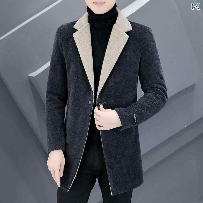 メンズ 厚地の外套 秋冬 成人男性用 羊毛 ロング丈 心地好い 商行為 成人男性服 薄墨色 黒いこと
