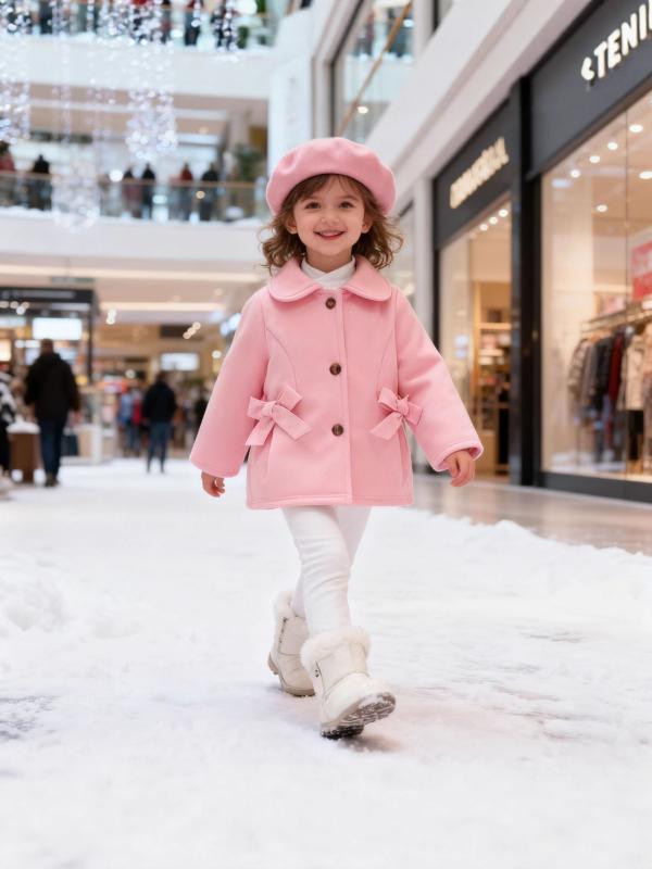 子供服 女の子 アウター 長袖 ジャケット ＋ ベレー帽 セット 幼児 翻襟 無地 蝶結び飾り カジュアル 赤 ピンク系