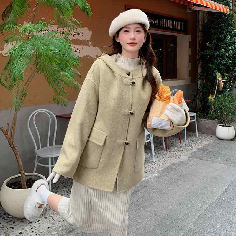 コート レディース 小柄 ショート丈 秋冬 韓国風 きれいめ ゆったり フード付き ウール ポリエステル 香草グリーン 11,903円