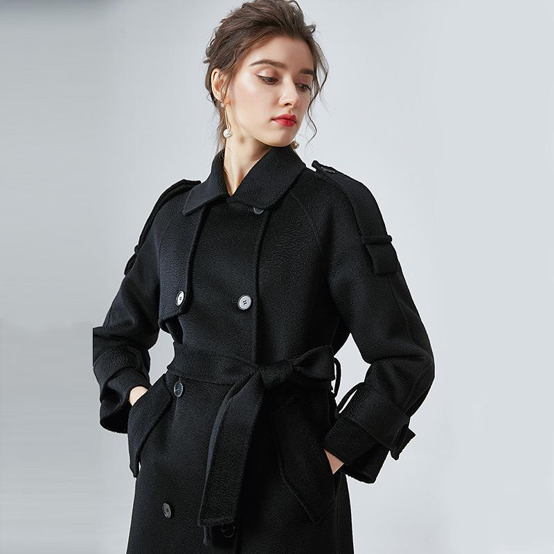 厚地の外套 レディース 秋冬 毛糸 カシミール混 ダブル前胸部 黒 真っただ中丈 ゆったり 生あたたかい 好いたらしいめ 雅びやか 雅びやか アウター
