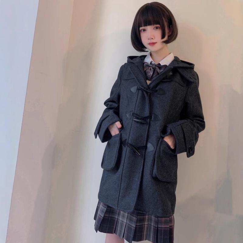 コート レディース スクールコート JK制服 アウター 学生 毛・希 中長丈 ダッフルコート フード付き 秋冬 厚手 あったか 防寒 暖かい ゆったり かわいい ポケット付き 通学 無地 ブラック 黒 グレー 紺 ポリエステル