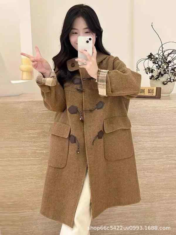コート レディース 小熊柄 チェック柄 ウール 秋冬 ゆったり 厚手 フード付き 通勤 かわいい S M レトロ