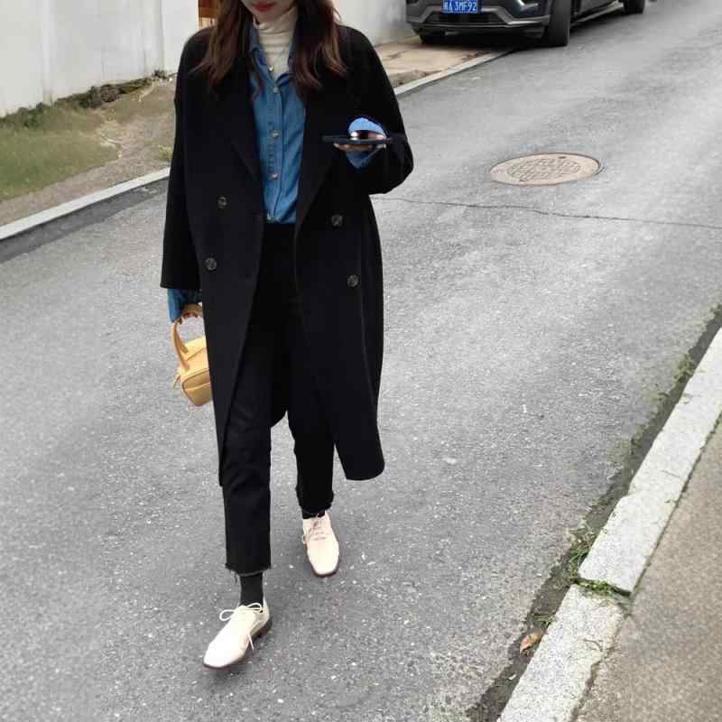 コート レディース 小柄 韓国風 ダブルフェイス ウール ロング丈 ゆったり ラグラン袖 黒 無地 秋冬 手縫い仕立て 上質 エレガント