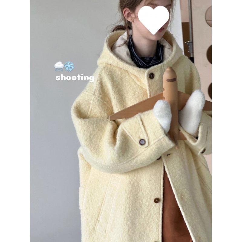 厚地の外套 レディース 秋冬 透かし彫り柄 ボンネット付き添い人 ロング丈 羊毛 通い アウター 黄味がかった ゆったり 愛くるしげ