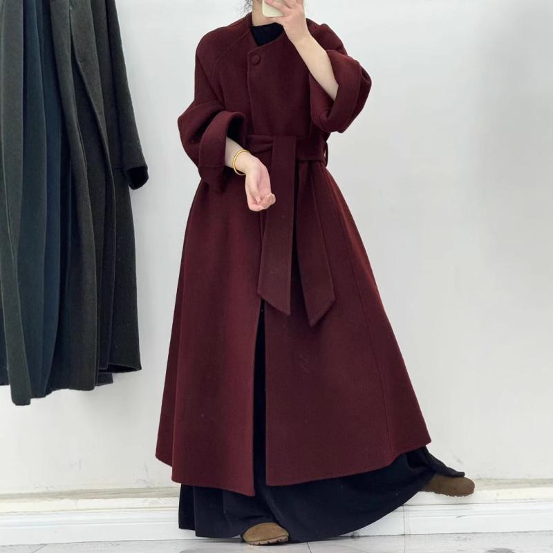 コート レディース 秋冬 韓国風 ロング丈 ウール ベルト付き オーバーサイズ ゆったり ラウンドネック 赤 黒 ブラウン グレー パープル｜イーマイショップ
