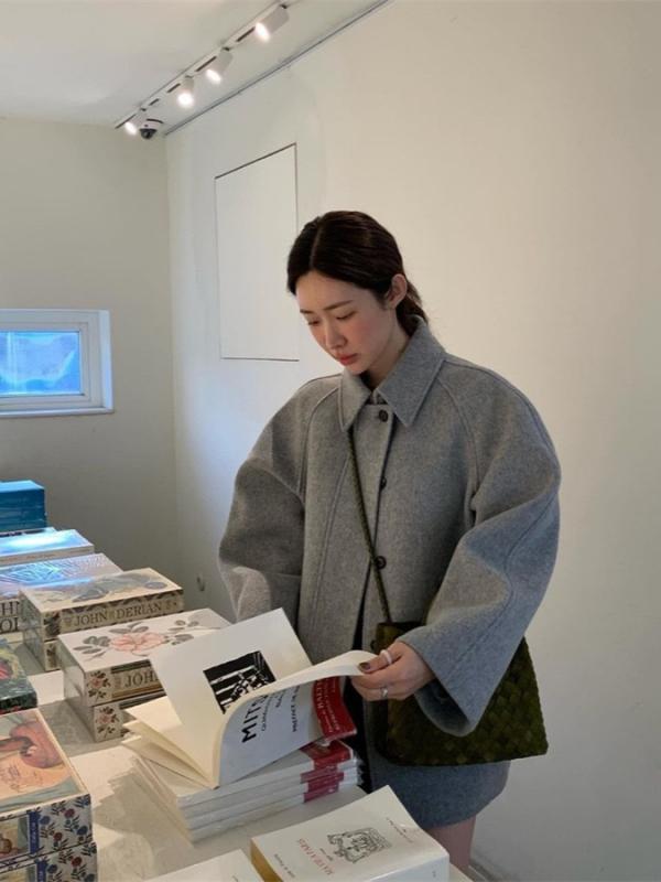 コート レディース 羊毛 アウター 韓国風 ショート丈 グレー 無地 ゆったり 秋冬 カジュアル 日常着 デート