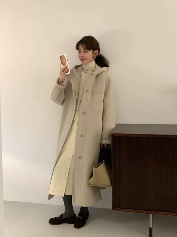 コート レディース 秋冬 韓国風 カジュアル ゆったり 厚手 ウール ミドル丈 フード付き ドロップショルダー 長袖 アウター オフホワイト ダークグレー ブラック