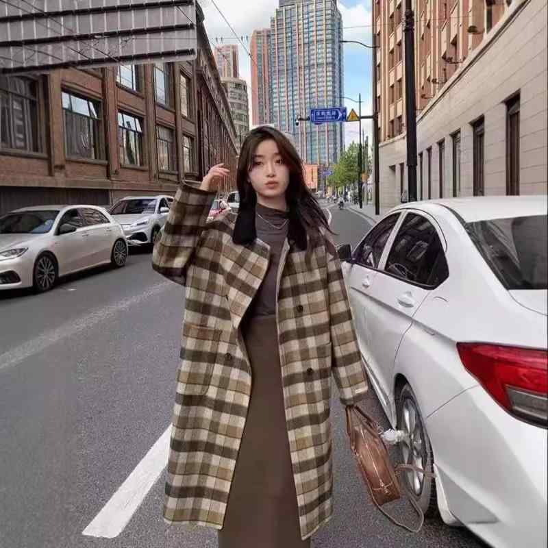 コート レディース 格子柄 ウール ロング丈 秋冬 暖かい ゆったり 日本製生地 ポケット 襟付き 韓国風 かわいい 日韓カジュアル