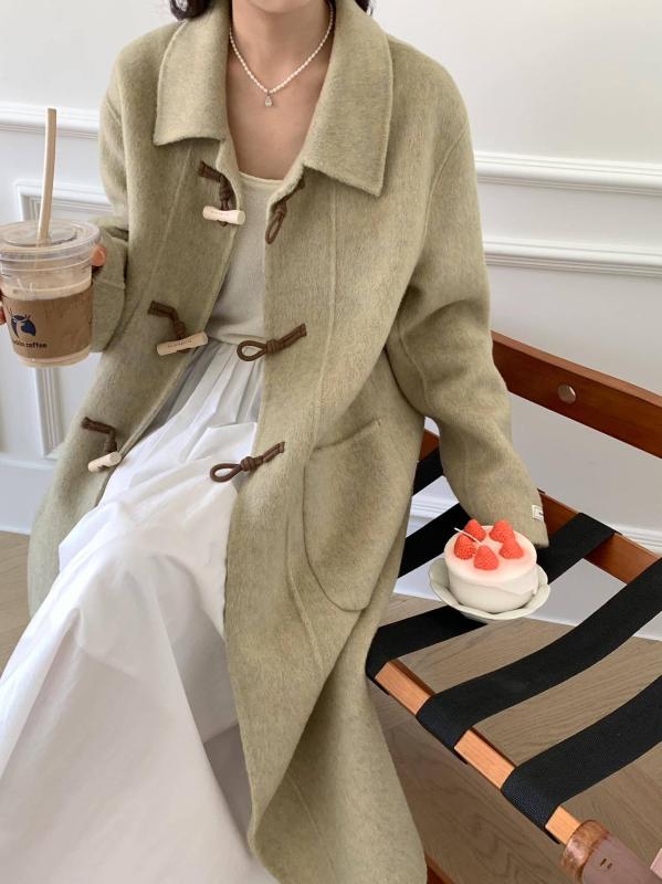 コート レディース ウール 秋冬 ロング丈 ゆったりめ 襟付き ナチュラル かわいい 暖かい ドロップショルダー 無地 アイボリー ベージュ グリーン グレー