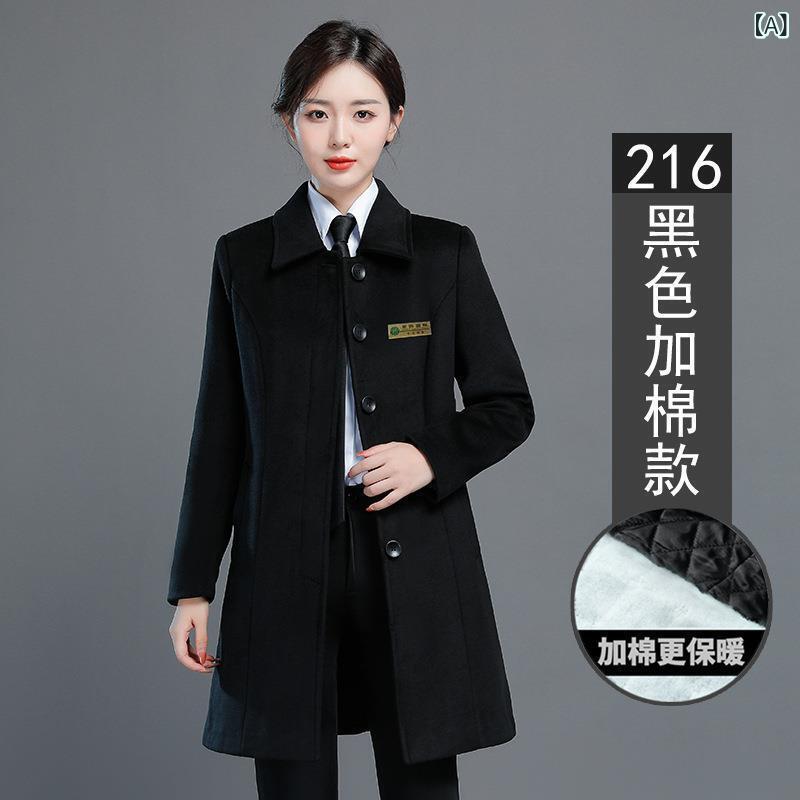 コート レディース 事務服 ウールブレンド アウター 厚手 スーツ襟 長袖 黒 ブラック 紺 ネイビー ビジネス オフィス 受付 金融 秋冬