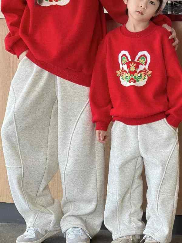 パンツ キッズ 冬用 裏起毛 暖か 親子 ペアルック ストレート 韓国風 子供 ズボン グレー ブラック 綿 部屋着 普段使い