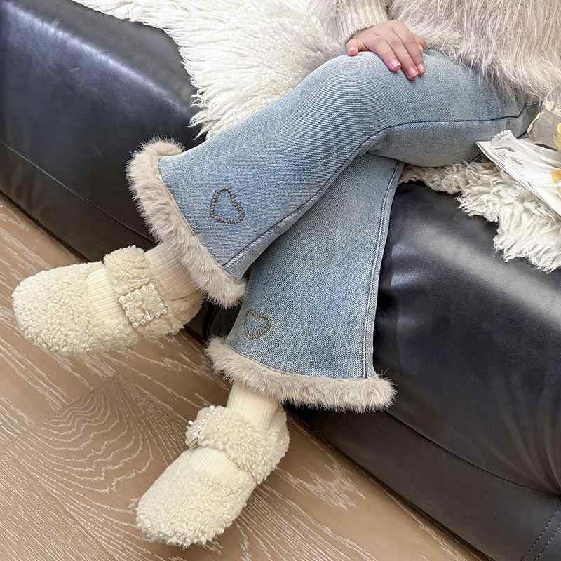 キッズ 女の子 ジーンズ パンツ 裏起毛 ベルボトム 長ズボン 子供 冬 ズボン コットン 伸縮性 普段使い ガールズ 80 90 100 110 120 130 140cm