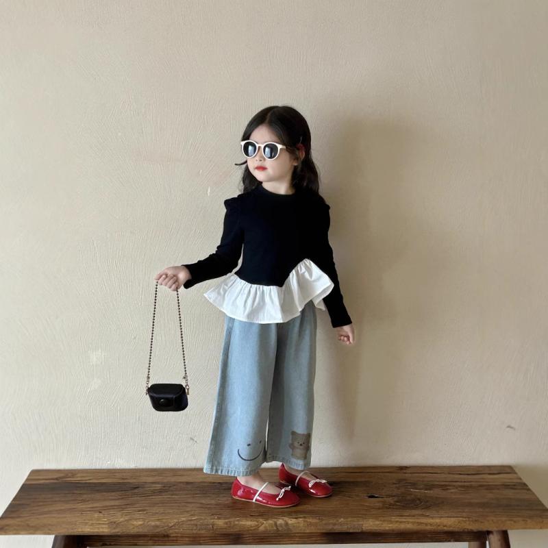 子供服 女の子 春秋 Tシャツ トップス デニムパンツ 2点セット フリル かわいい 小熊 カットソー ジーンズ 普段着