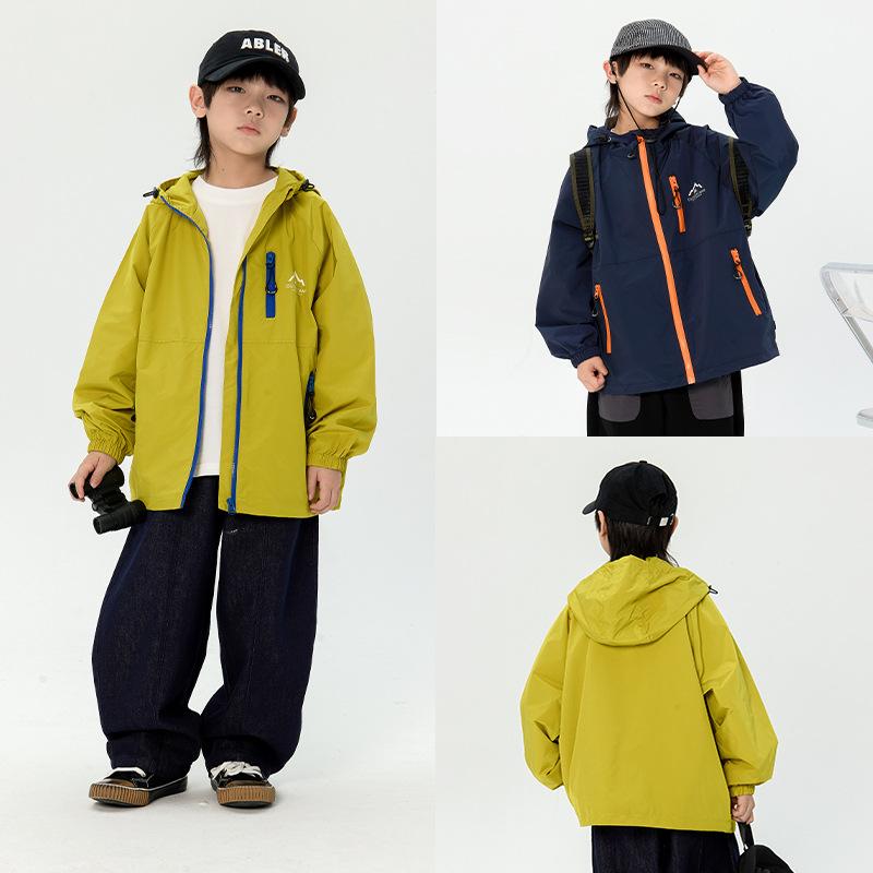 子供服 ジャケット 男の子 アウター 春秋 撥水加工 フード付き ウィンドブレーカー キッズ ボーイズ おしゃれ 普段着 通園 通学 100cm 110cm 120cm 130cm 140cm 150cm 160cm イエロー ネイビー