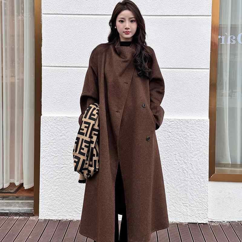 コート レディース 大判襟 ウール Aライン 春秋 ミドル丈 羊毛 ゆったり 韓国風 かわいい 花灰色 米白 カフェオレ 黒色